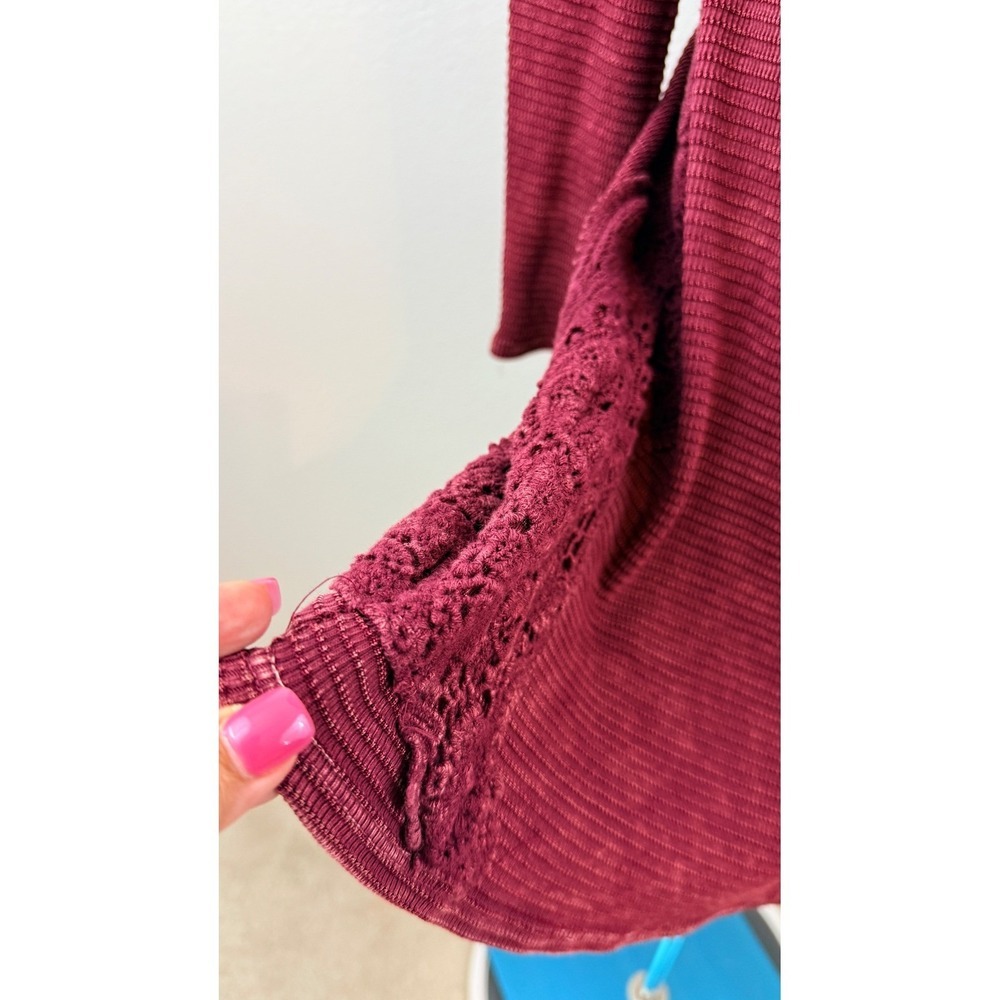 Able Boho Cottagecore Maroon Waffle Knit Crochet Trim Long Sleeve Mini Dress S - Picture 3 of 11
